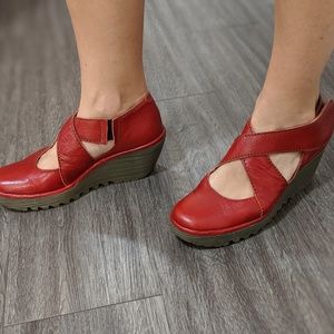 FLY London Leather Shoes Wedge Red SZ 38